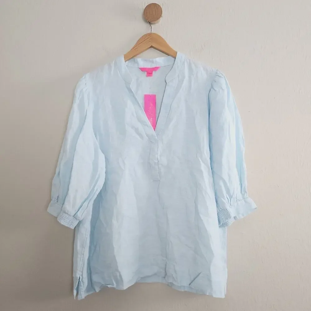 Lilly Pulitzer Mialeigh Blue Linen V-Neck Puff Sleeve Tunic Top NWT XL $138